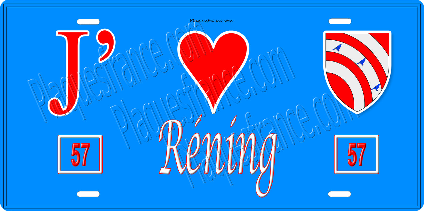 Plaque métal décorative 15 x 30 cm fond bleu 57 J' ❤️Réning, canton du Saulnois Moselle 57