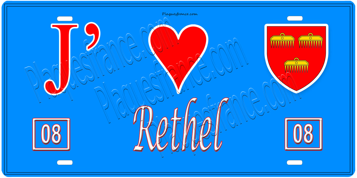 Plaque métal décorative, J' ❤️Rethel, Ardennes, fond mur bleu 08