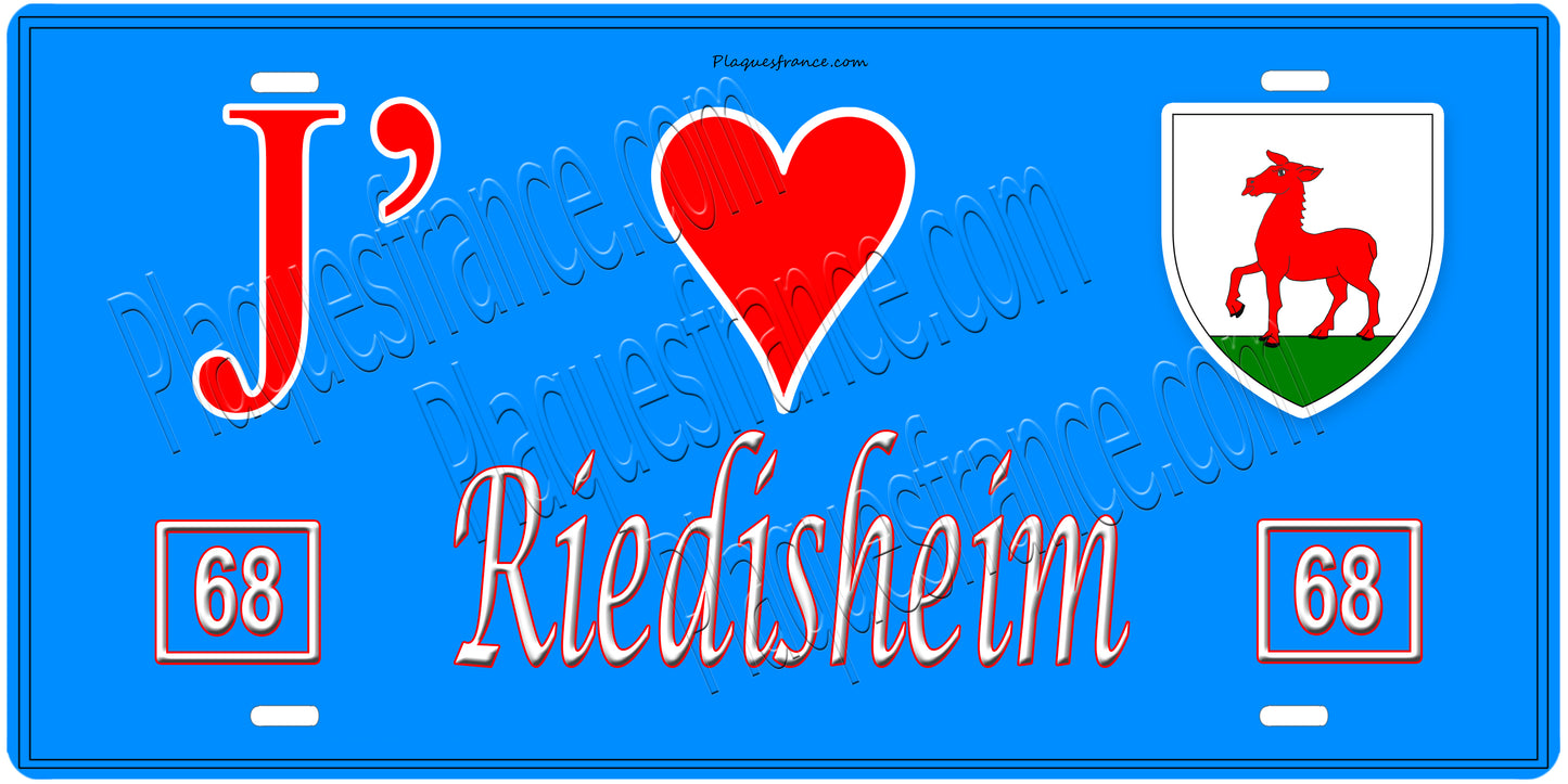Plaque métal décorative, J' ❤️Riedisheim, Haut Rhin, fond mur bleu 68