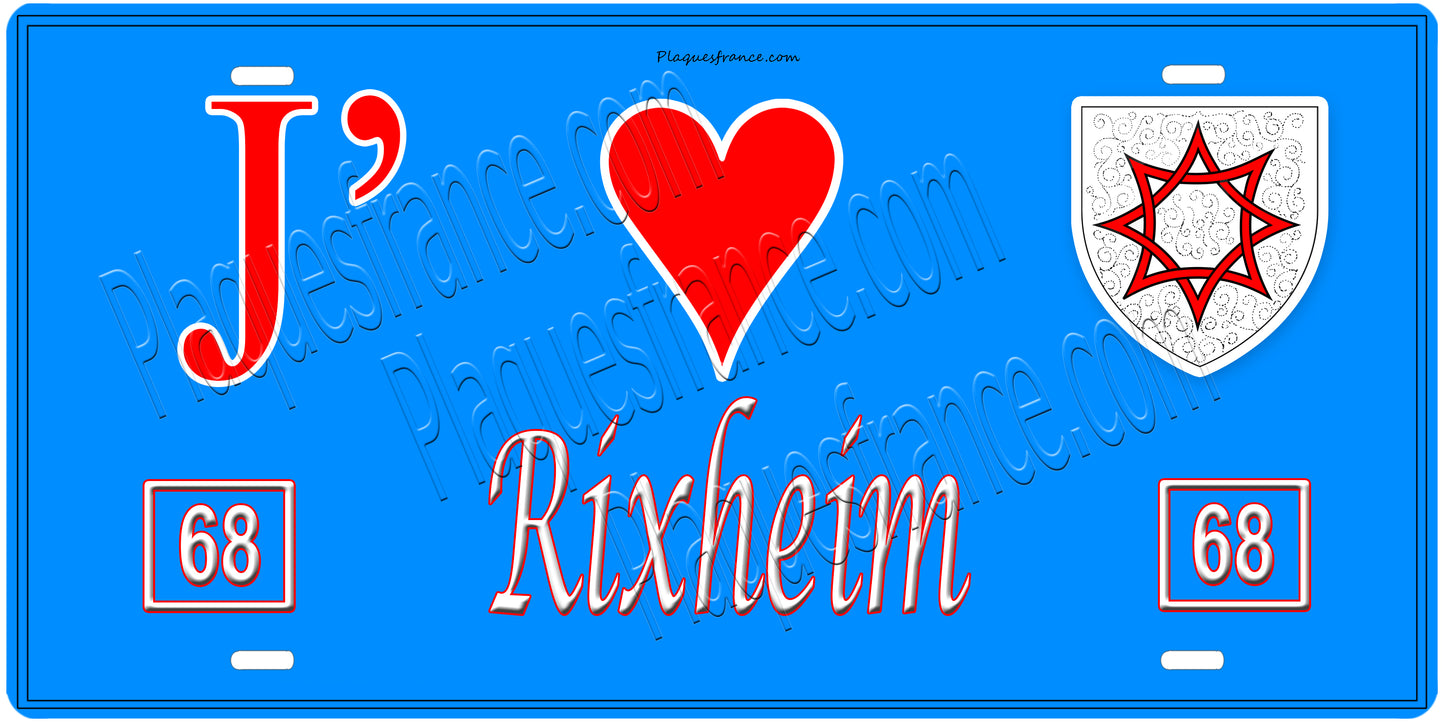 Plaque métal décorative, J' ❤️Rixheim, Haut Rhin, fond mur bleu 68
