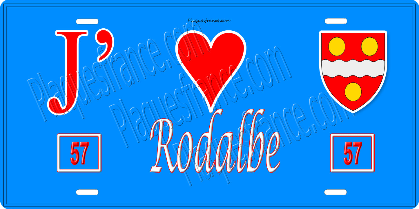 Plaque métal décorative 15 x 30 cm fond bleu 57 J' ❤️Rodalbe, canton du Saulnois Moselle 57