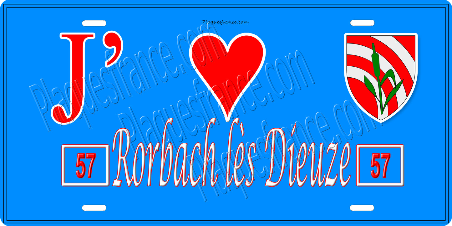 Plaque métal décorative 15 x 30 cm fond bleu 57 J' ❤️Rorbach lès Dieuze , canton du Saulnois Moselle 57