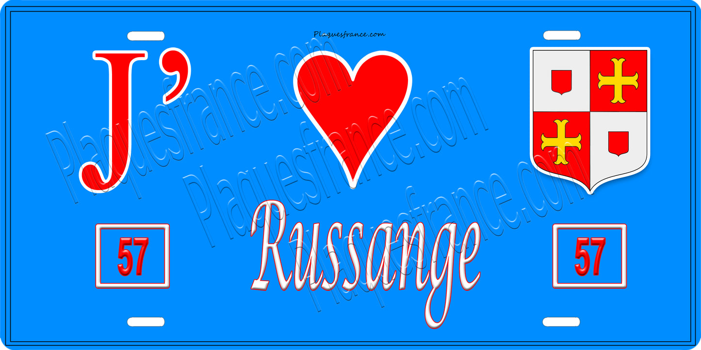 Plaque métal décorative, J' ❤️Russange, Moselle, fond mur bleu 57