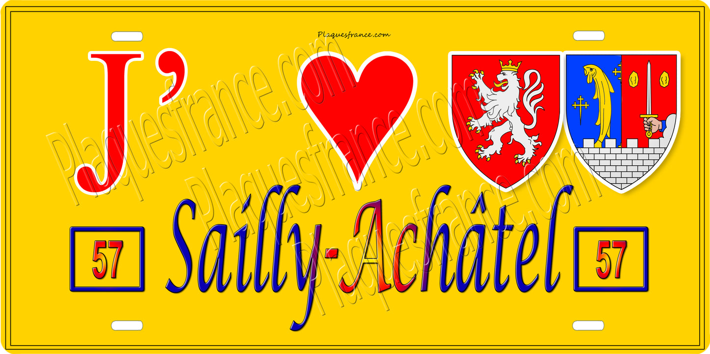 Plaque métal décorative 15 x 30 cm fond jaune 57 J' ❤️ Sailly-Achâtel, canton du Saulnois Moselle 57