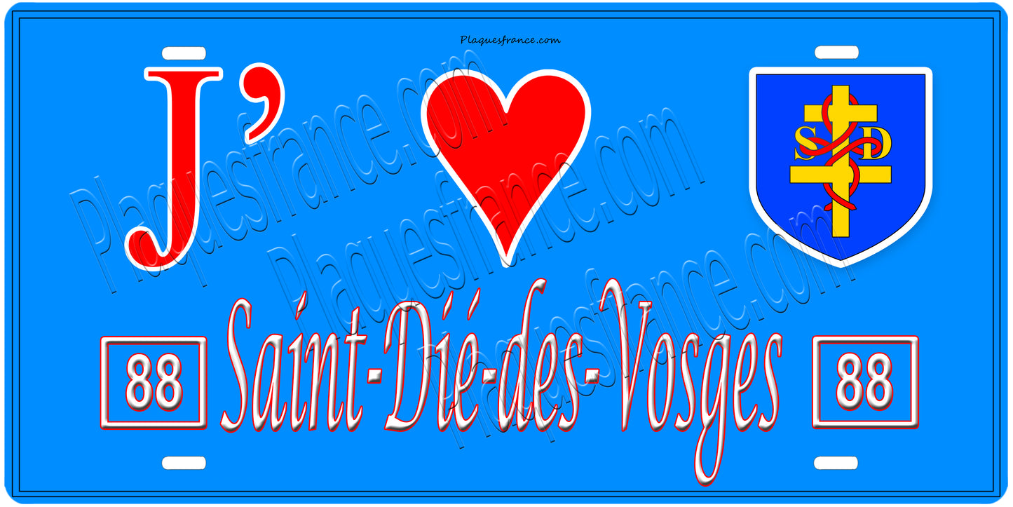Plaque métal décorative, J' ❤️Saint-Dié-des-Vosges, fond mur bleu 88