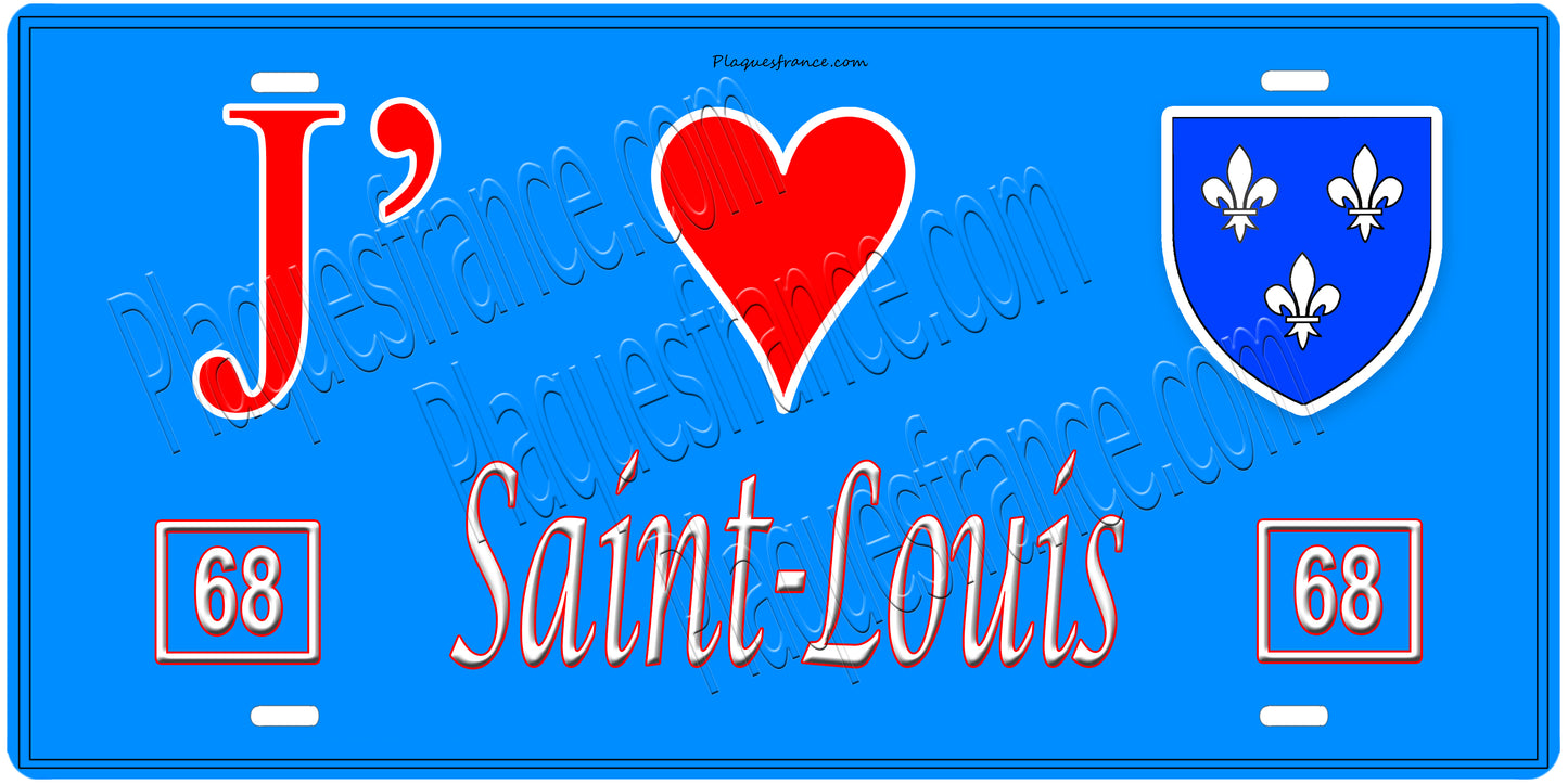 Plaque métal décorative, J' ❤️Saint-Louis, Haut Rhin, fond mur bleu 68