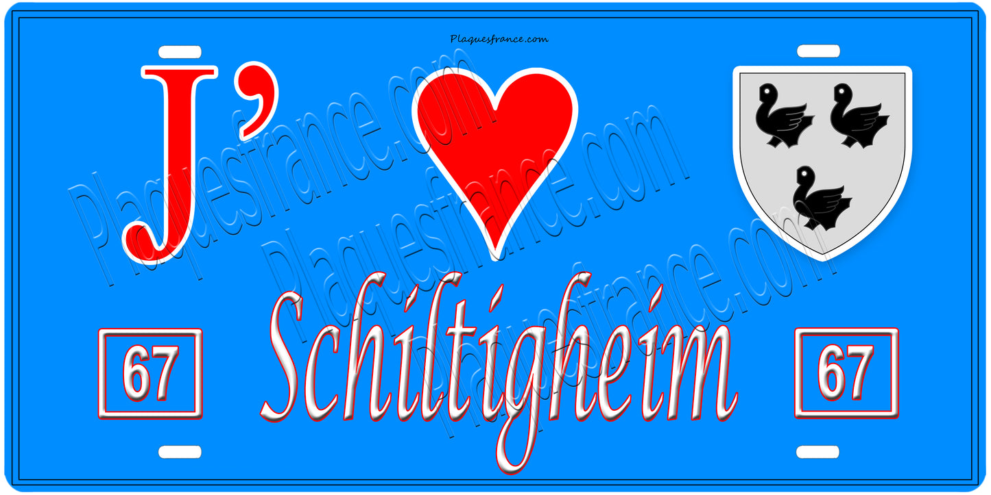 Plaque métal décorative, J' ❤️Schiltigheim, Bas Rhin, fond mur bleu 67