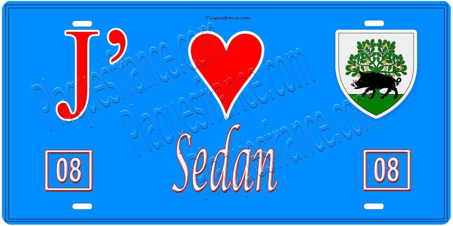 Plaque métal décorative, J' ❤️Sedan, Ardennes, fond mur bleu 08