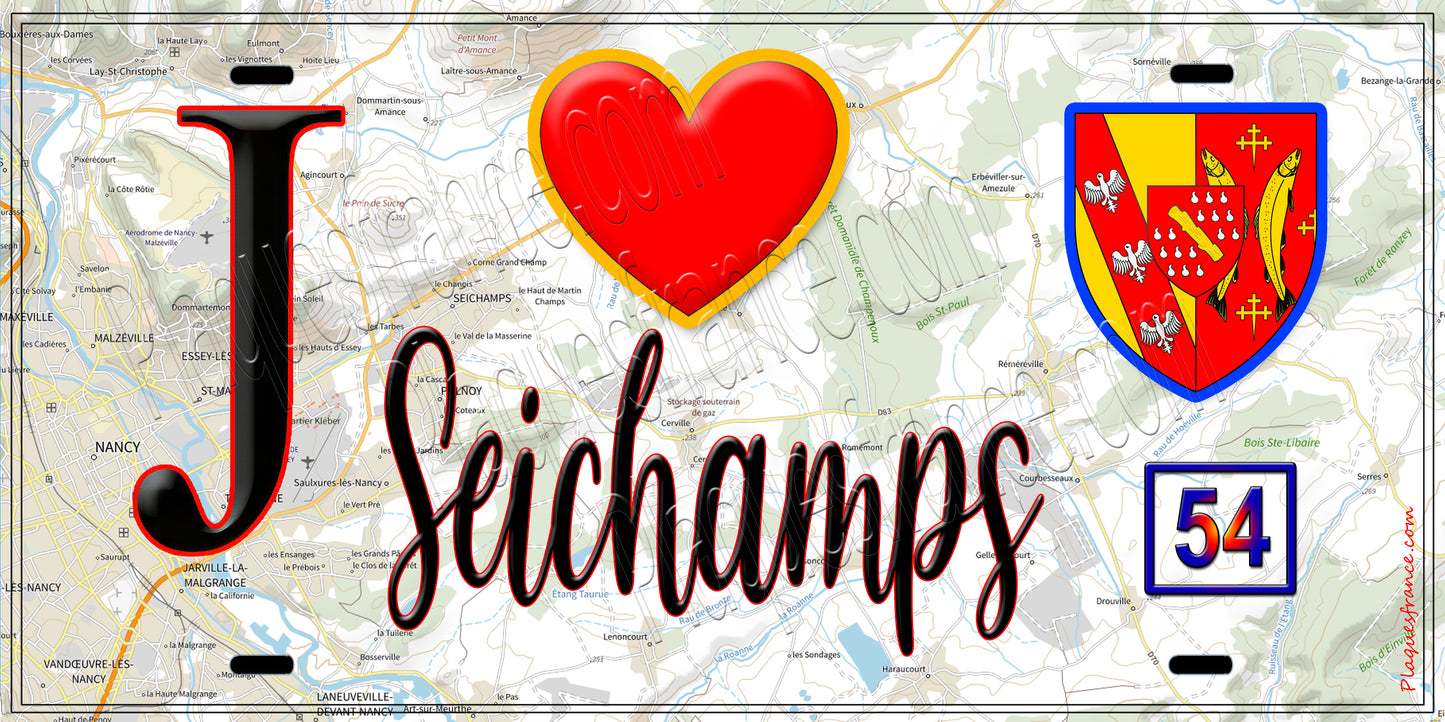 Plaque métal décorative J' ❤️ Seichamps, Meurthe et Moselle (54)