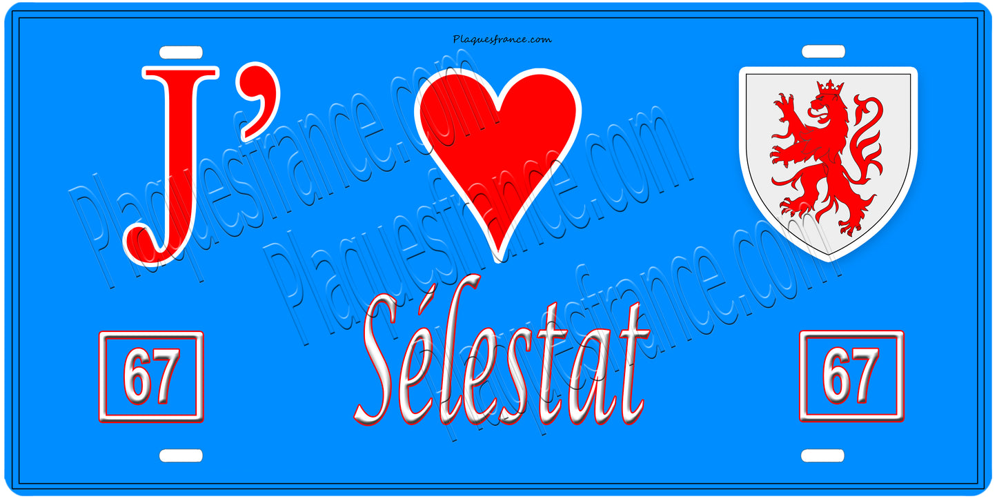 Plaque métal décorative, J' ❤️Sélestat, Bas Rhin, fond mur bleu 67