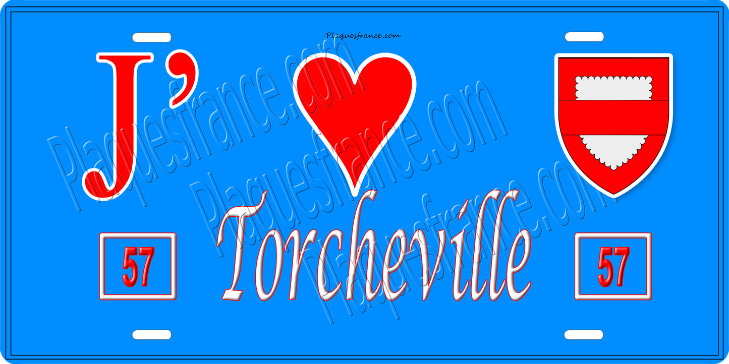 Plaque métal décorative 15 x 30 cm fond bleu 57 J' ❤️Torcheville, canton du Saulnois Moselle 57