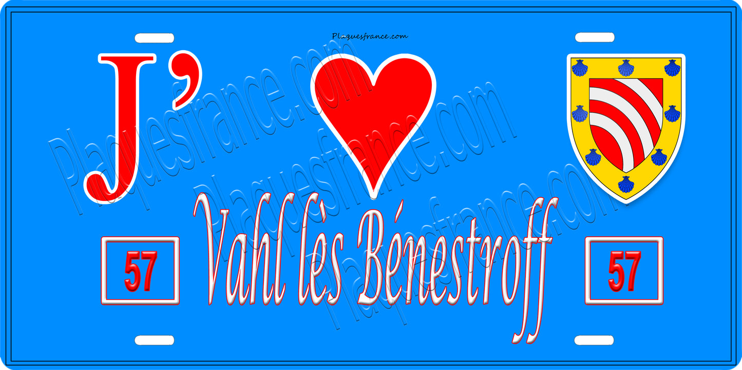 Plaque métal décorative 15 x 30 cm fond bleu 57 J' ❤️Vahl lès Bénestroff, canton du Saulnois Moselle 57