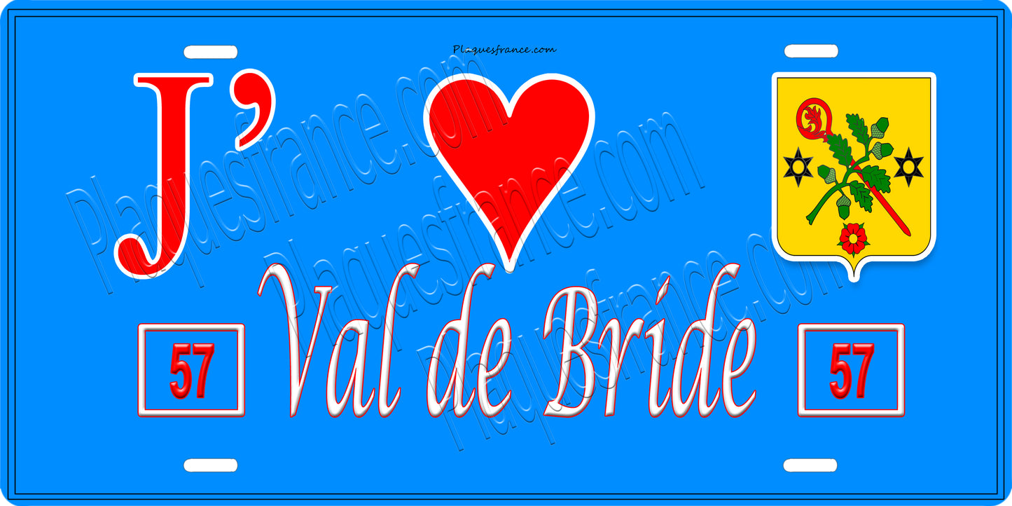 Plaque métal décorative 15 x 30 cm fond bleu 57 J' ❤️Val de Bride, canton du Saulnois Moselle 57