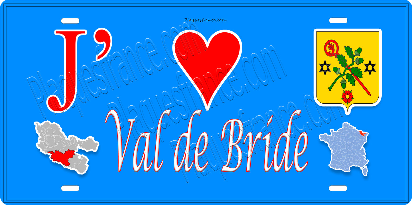 Plaque métal décorative 15 x 30 cm fond bleu carte J' ❤️ Val-de-Bride, canton du Saulnois Moselle 57