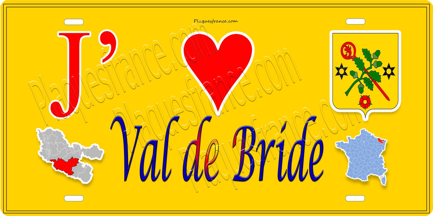 Plaque métal décorative 15 x 30 cm fond jaune carte J' ❤️ Val-de-Bride, canton du Saulnois Moselle 57