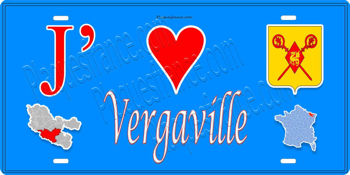 Plaque métal décorative 15 x 30 cm fond bleu carte J' ❤️ Vergaville, canton du Saulnois Moselle 57