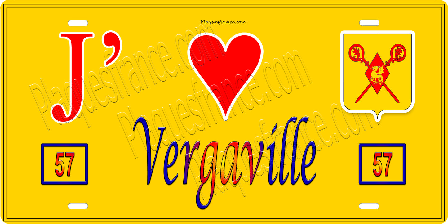 Plaque métal décorative 15 x 30 cm fond jaune 57 J' ❤️ Vergaville, canton du Saulnois Moselle 57