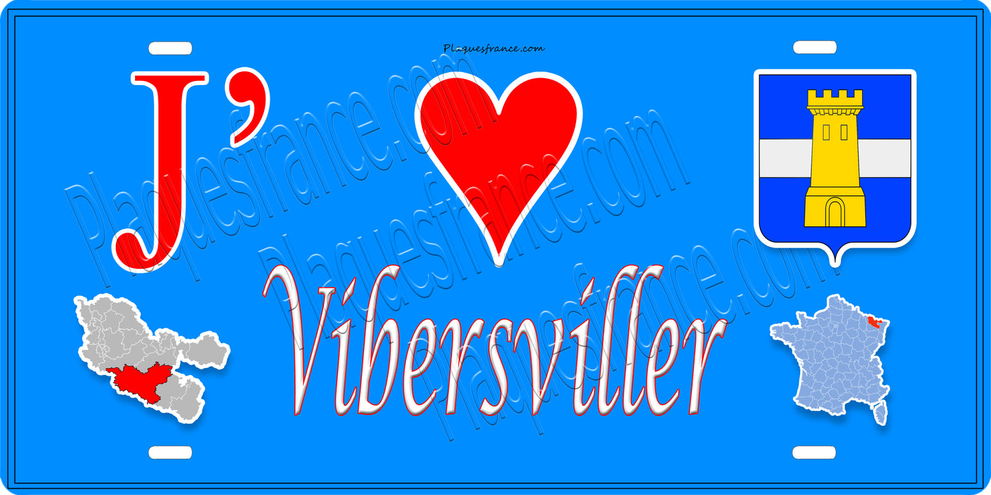 Plaque métal décorative 15 x 30 cm fond bleu carte J' ❤️ Vibersviller, canton du Saulnois Moselle 57