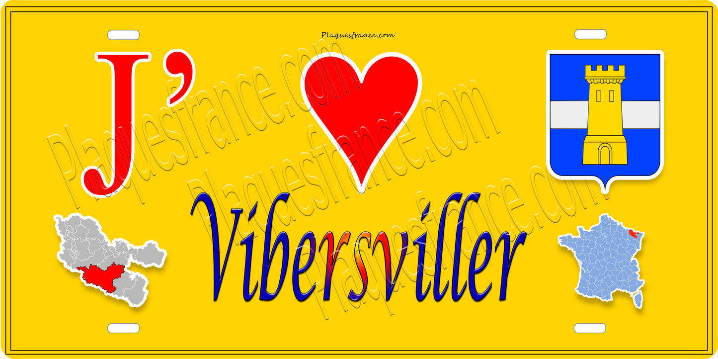 Plaque métal décorative 15 x 30 cm fond jaune carte J' ❤️ Vibersviller, canton du Saulnois Moselle 57