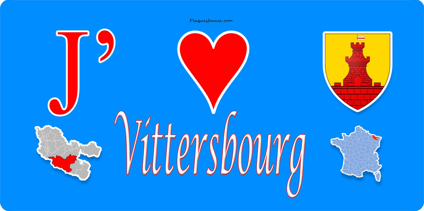 Plaque métal décorative 15 x 30 cm fond bleu carte J' ❤️ Vittersbourg, canton du Saulnois Moselle 57