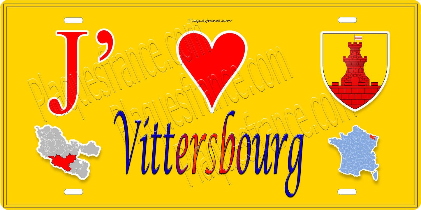 Plaque métal décorative 15 x 30 cm fond jaune carte J'❤️ Vittersbourg, canton du Saulnois Moselle 57