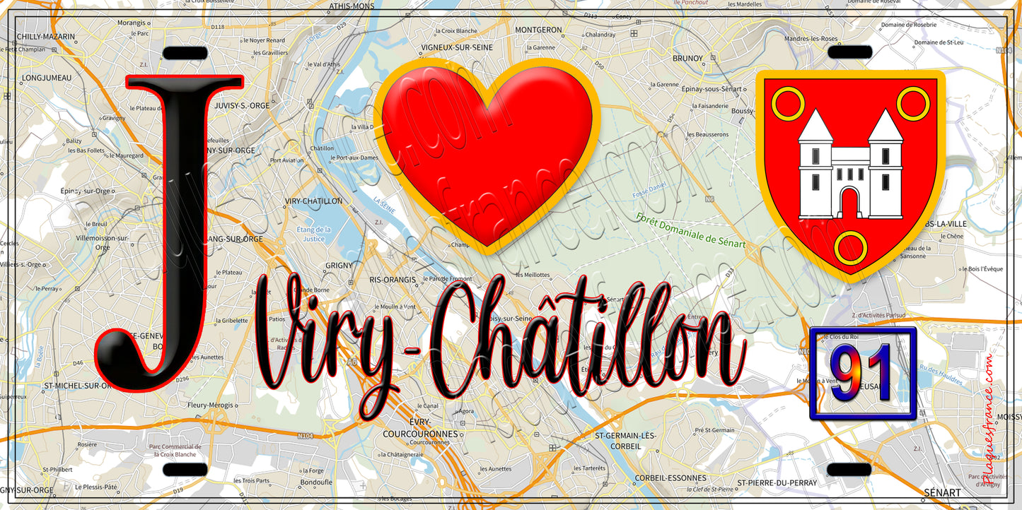 Plaque métal décorative J' ❤️ Viry Châtillon, Essonne (91)