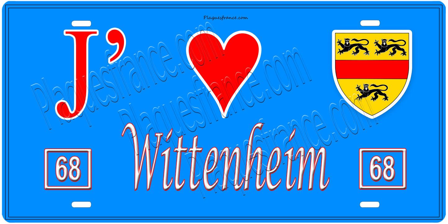 Plaque métal décorative, J' ❤️Wittenheim, Haut Rhin, fond mur bleu 68