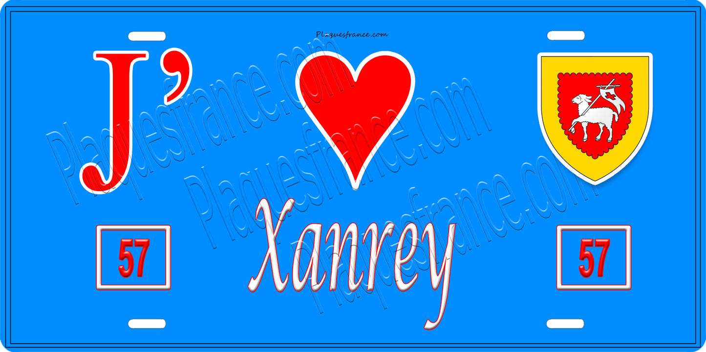 Plaque métal décorative 15 x 30 cm fond bleu 57 J' ❤️Xanrey, canton du Saulnois Moselle 57