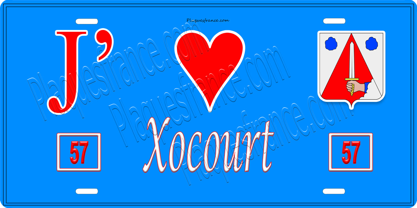 Plaque métal décorative 15 x 30 cm fond bleu 57 J' ❤️Xocourt, canton du Saulnois Moselle 57