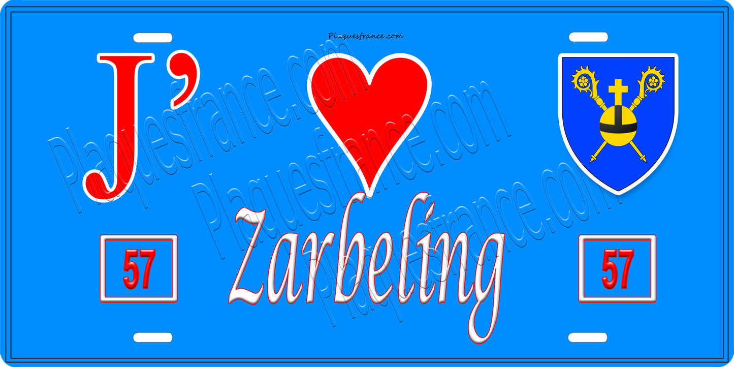 Plaque métal décorative 15 x 30 cm fond bleu 57 J' ❤️Zarbeling, canton du Saulnois Moselle 57