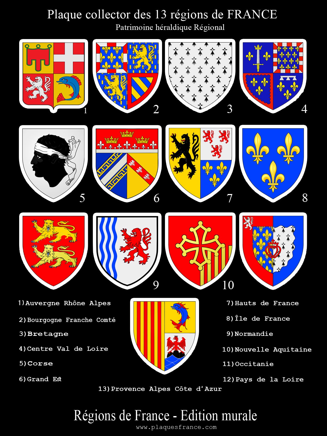 Plaque métal décorative Collector Les 13 régions de France