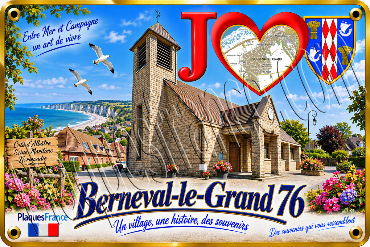 Plaque métal décorative 20 cm x 30 cm J' ❤️ Berneval-le-Grand, Seine Maritime (76)
