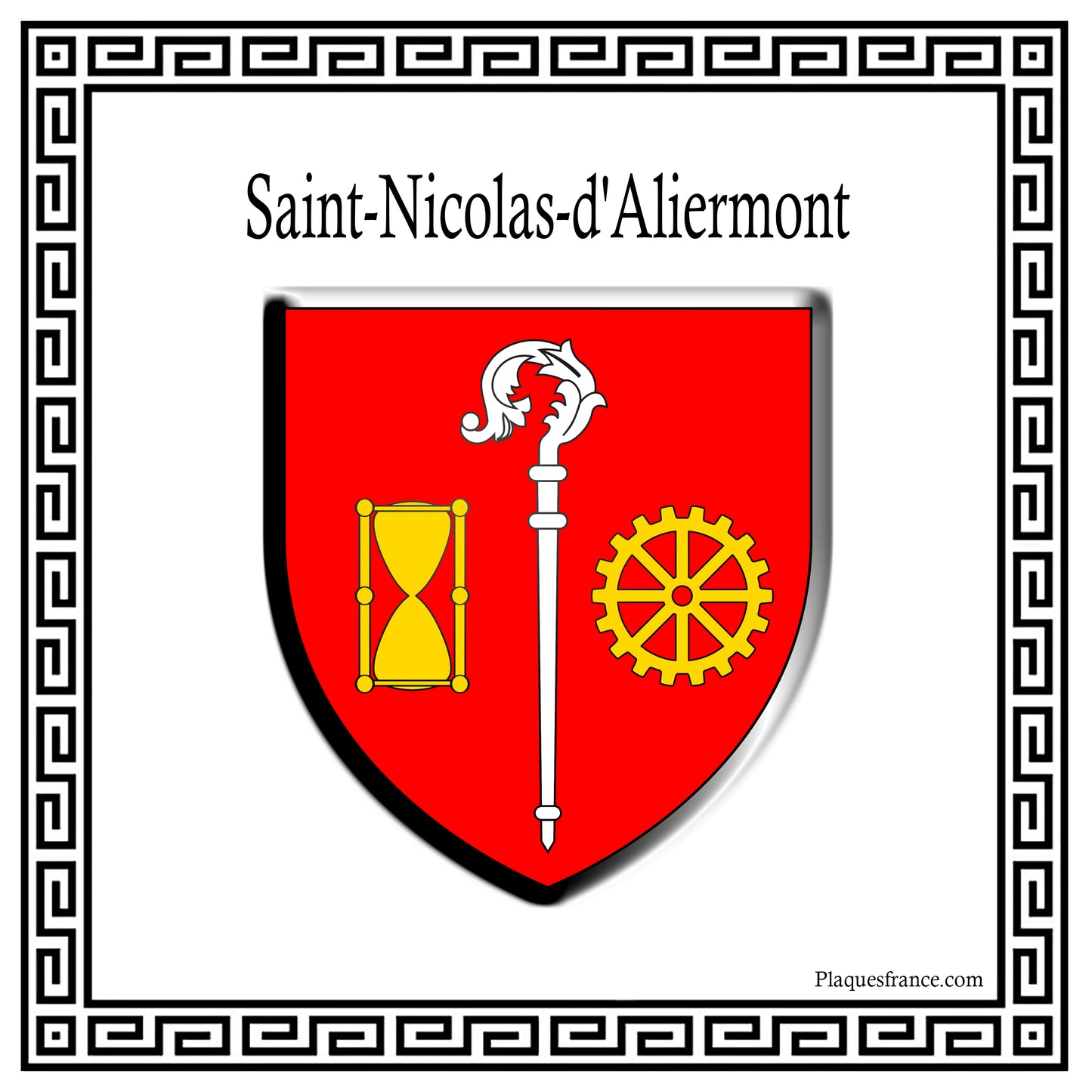 Plaque métal décorative carré blanche 30 cm x30 cm blason Saint-Nicolas-d’Aliermont, Seine Maritime (76)