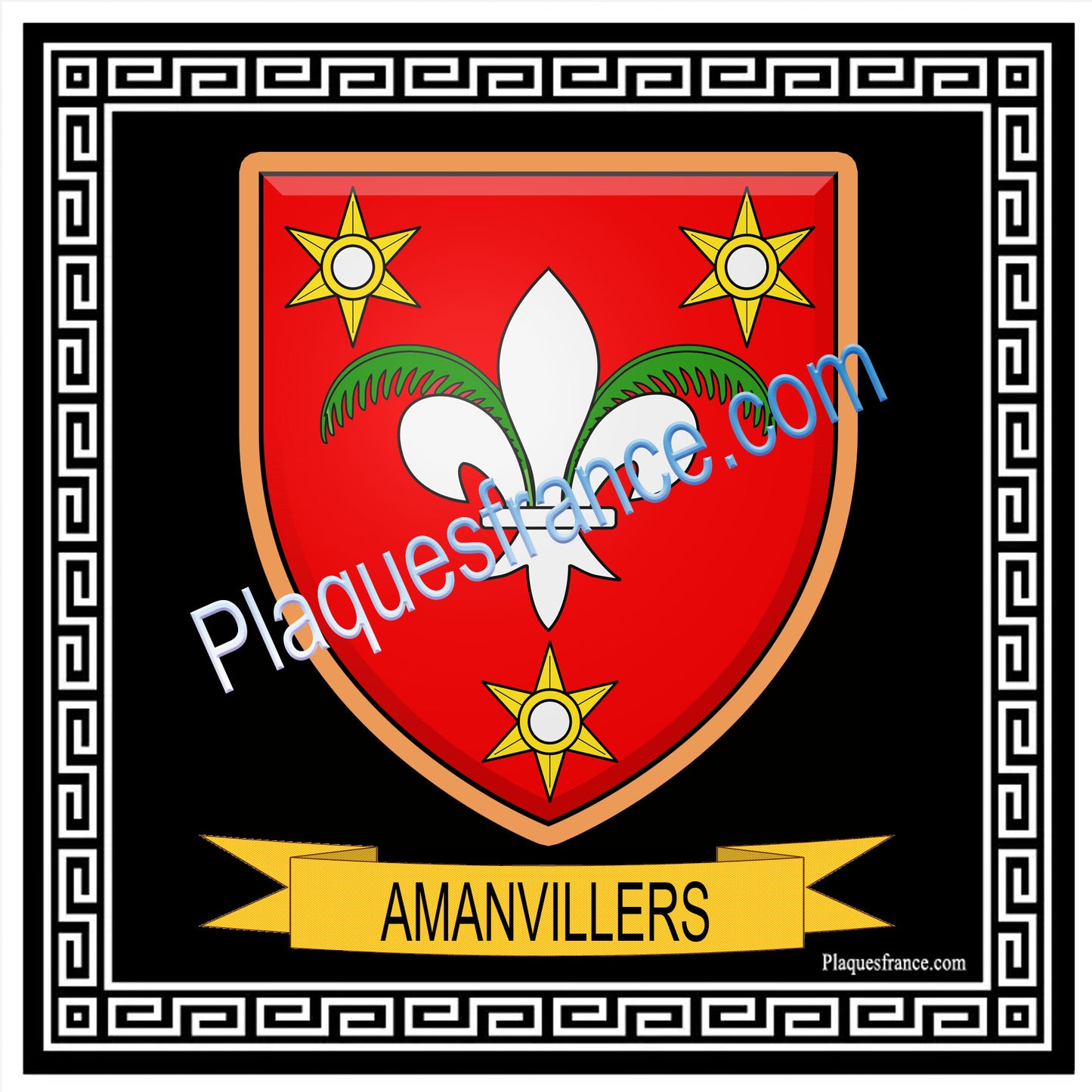 Plaque métal décorative carrée fond noir, blason Amanvillers, Moselle