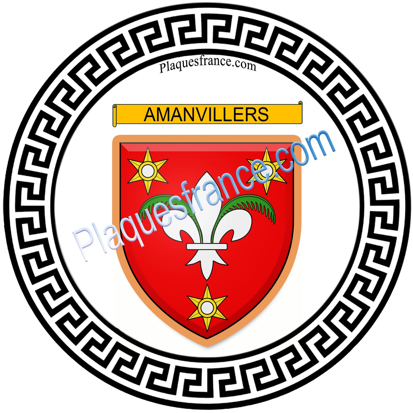 Plaque métal décorative ronde fond blanc, blason Amanvillers, Moselle