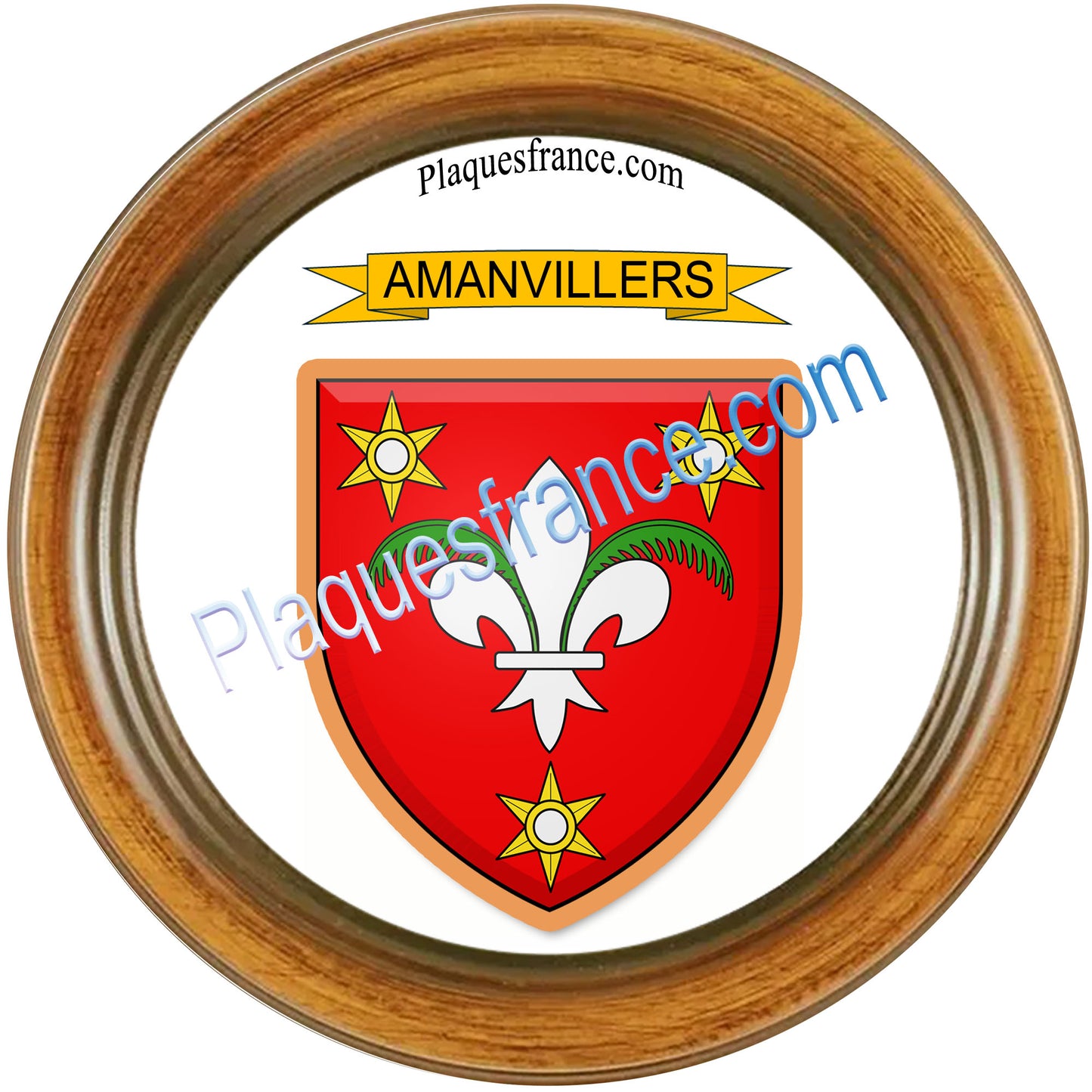 Plaque métal décorative ronde cadre bois, blason Amanvillers, Moselle