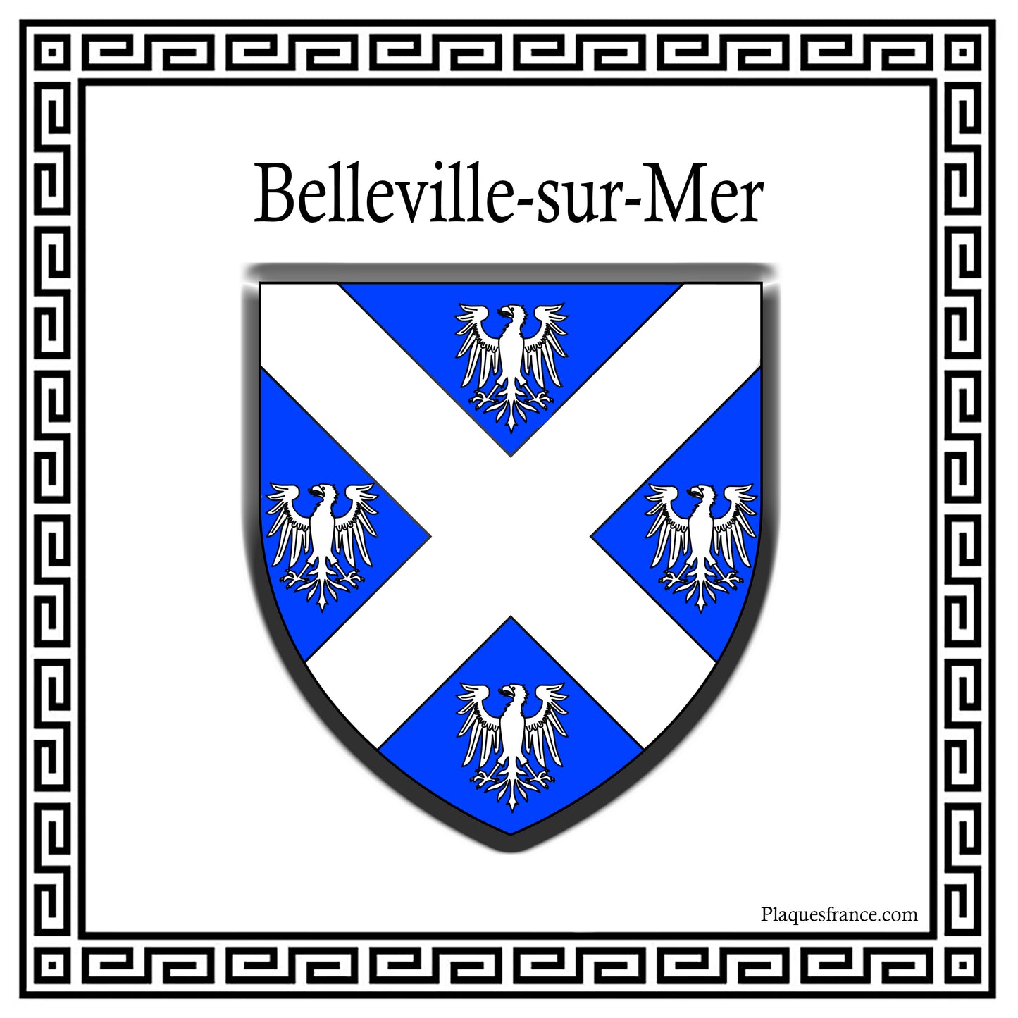 Plaque métal décorative carrée 30x30cm blanche blason Belleville-sur-Mer, Seine Maritime (76)