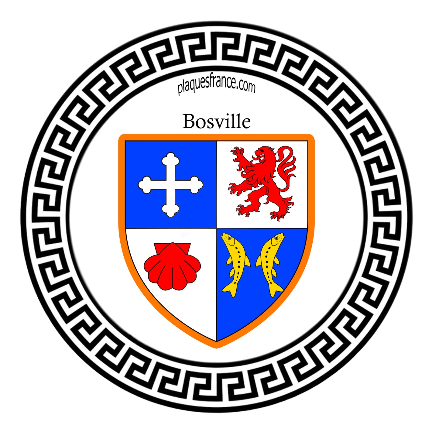 Plaque métal décorative ronde blanche 30 cm X 30 cm blason Bosville, Seine Maritime (76)