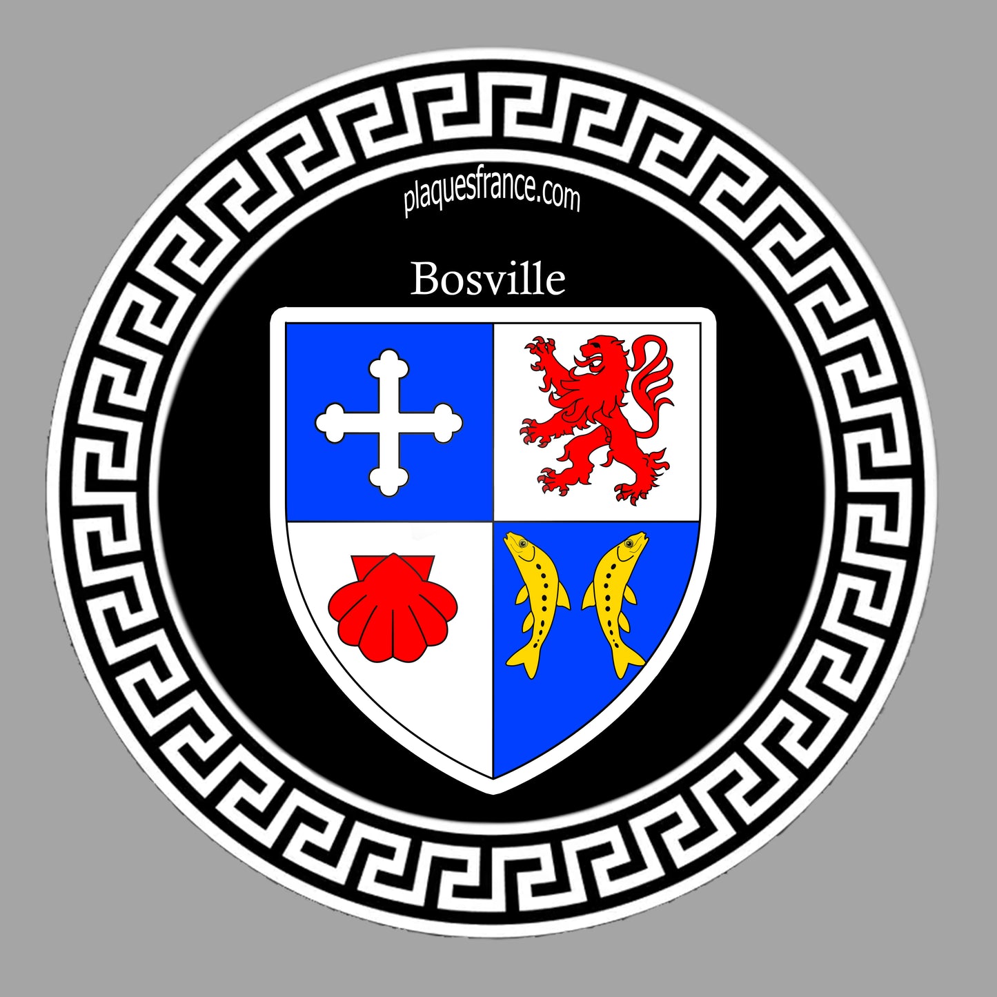 Plaque métal décorative ronde noire 30 cm X 30 cm blason Bosville, Seine Maritime (76)