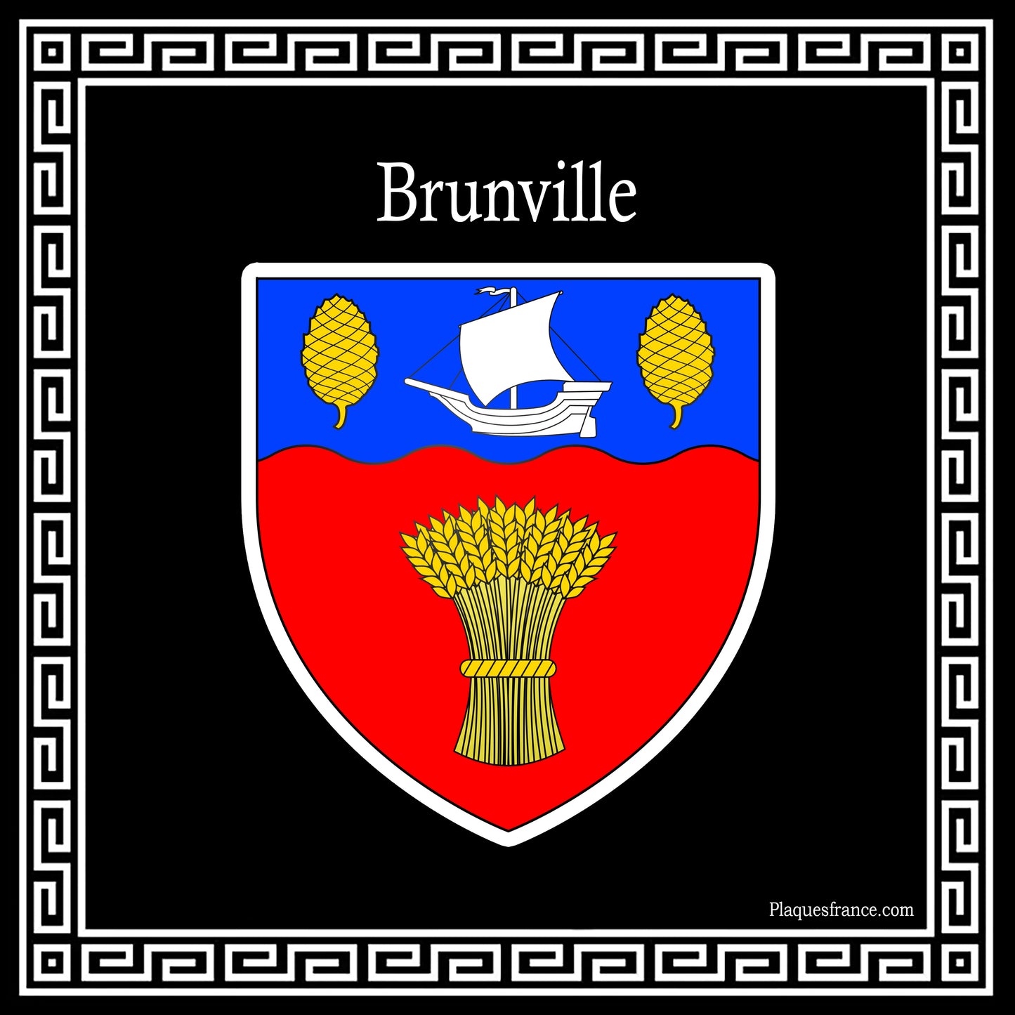 Plaque métal décorative carrée noire blason Brunville, Seine Maritime (76)