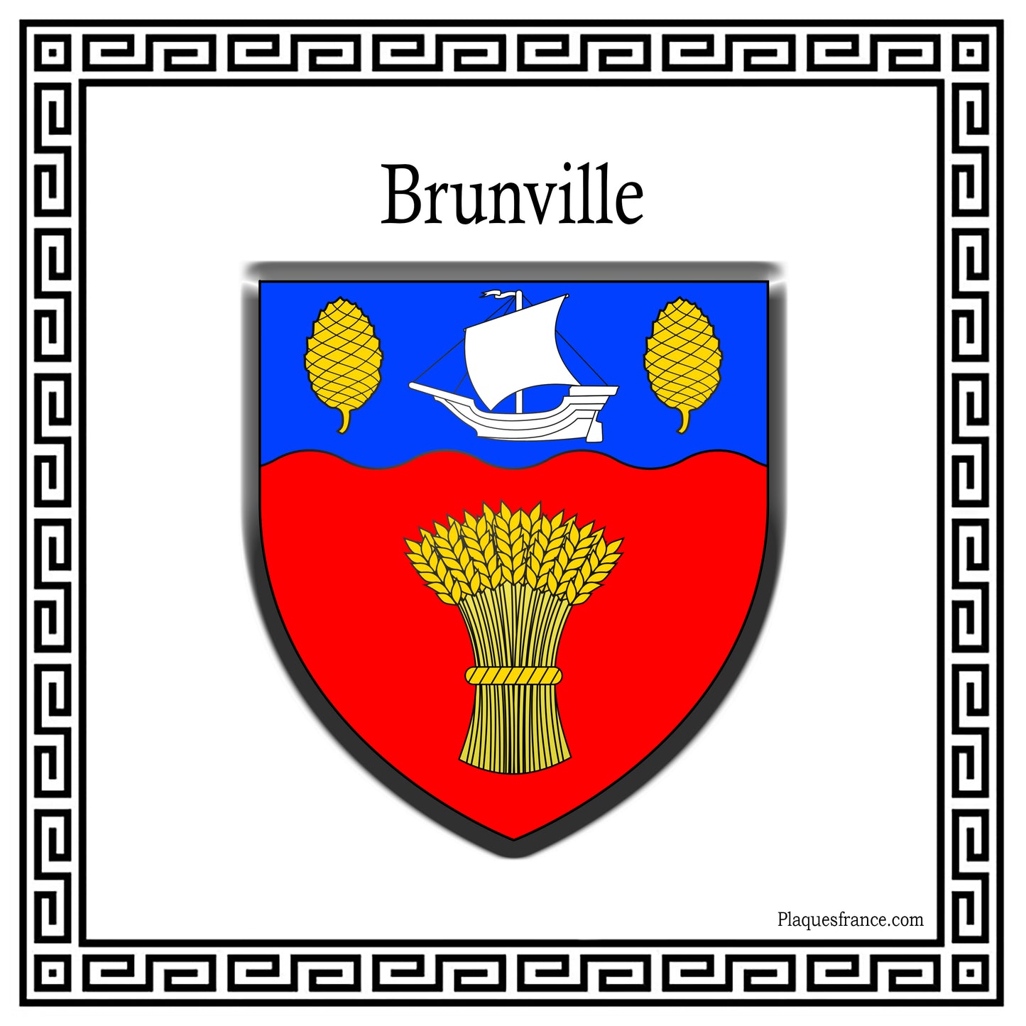 Plaque métal décorative carrée blanche blason Brunville, Seine Maritime (76)