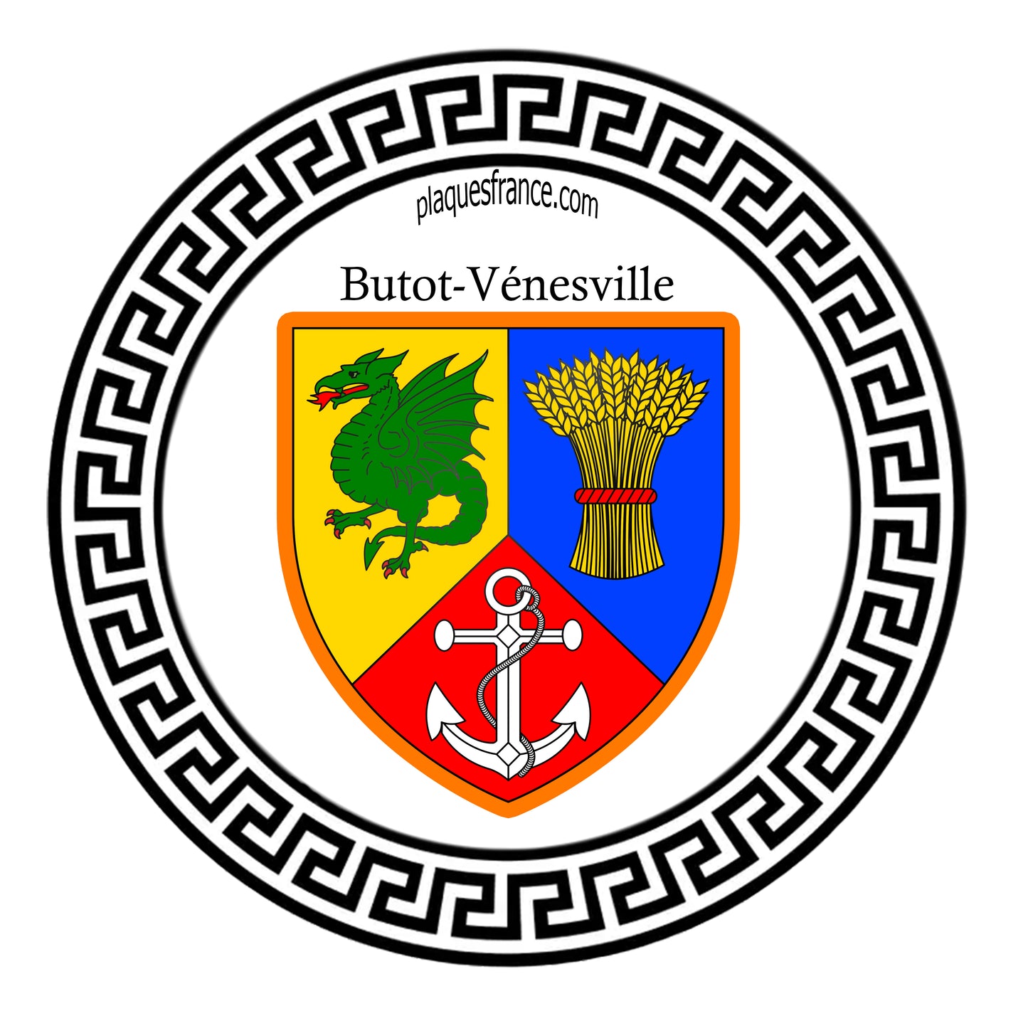 Plaque métal décorative ronde blanche Ø 30 cm blason Butot-Vénesville, Seine Maritime (76)