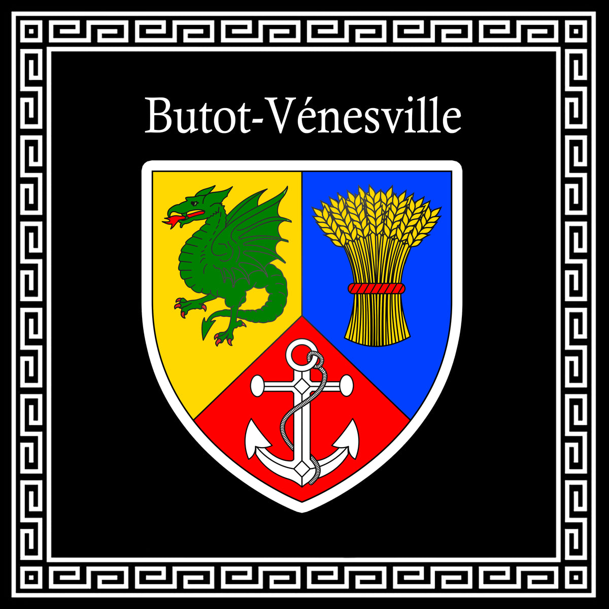 Plaque métal décorative carrée noire 30 cm X 30 cm blason Butot-Vénesville, Seine Maritime (76)