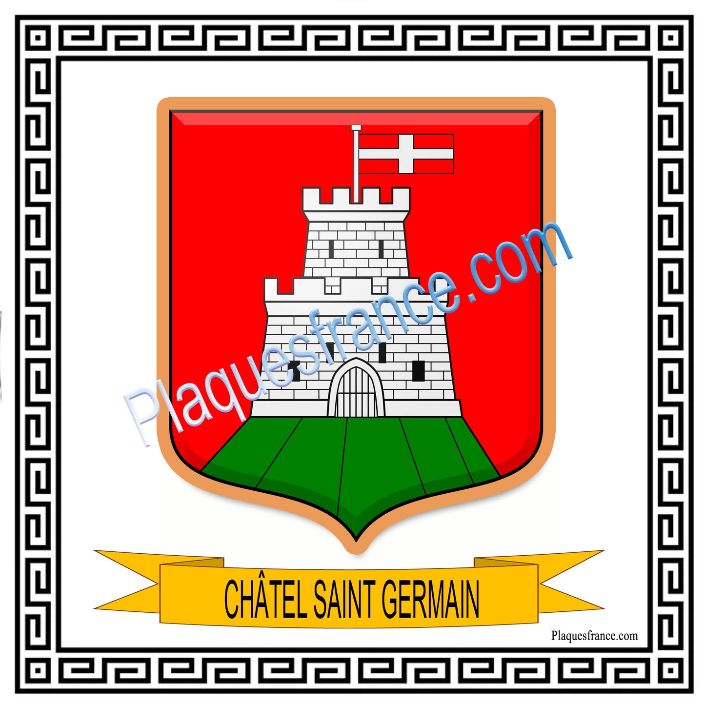Plaque métal décorative fond blanc carré 30 x 30cm blason Châtel-Saint-Germain, canton Les Coteaux de Moselle 57