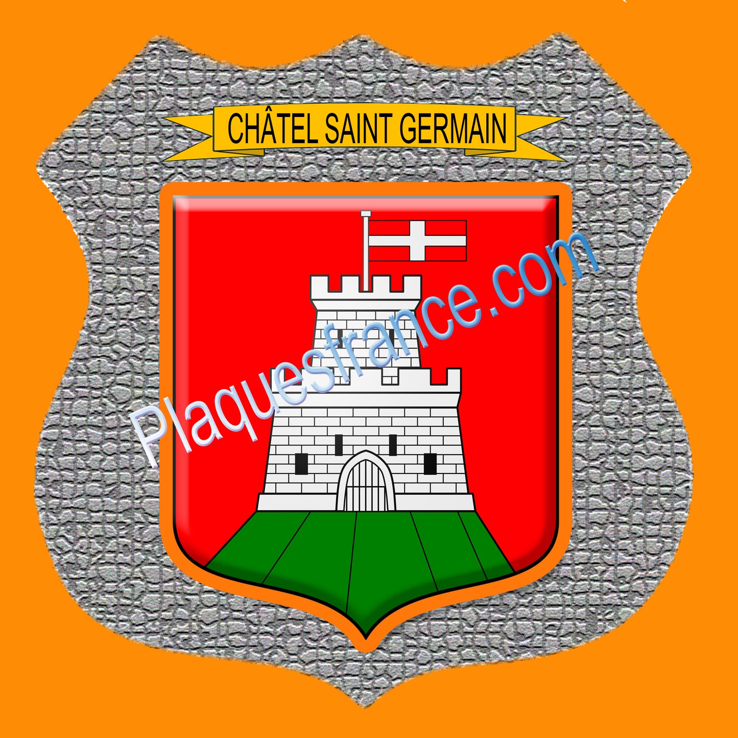 Plaque métal décorative écusson fond mozaique Ø 30cm blason Châtel-Saint-Germain, canton Les Coteaux de Moselle 57