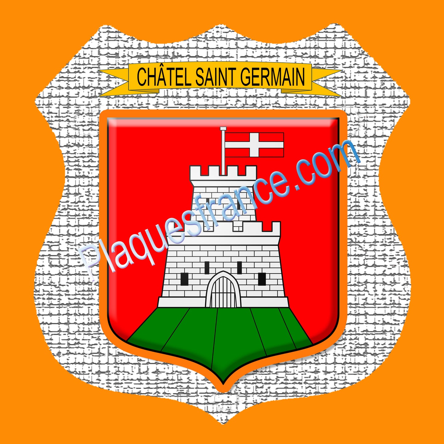 Plaque métal décorative écusson fond craquelures Ø 30cm blason Châtel-Saint-Germain, canton Les Coteaux de Moselle 57