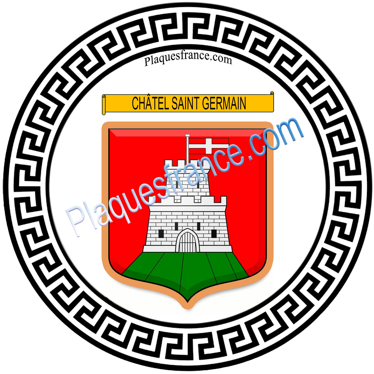 Plaque métal décorative fond blanc rond Ø 30cm blason Châtel-Saint-Germain, canton Les Coteaux de Moselle 57