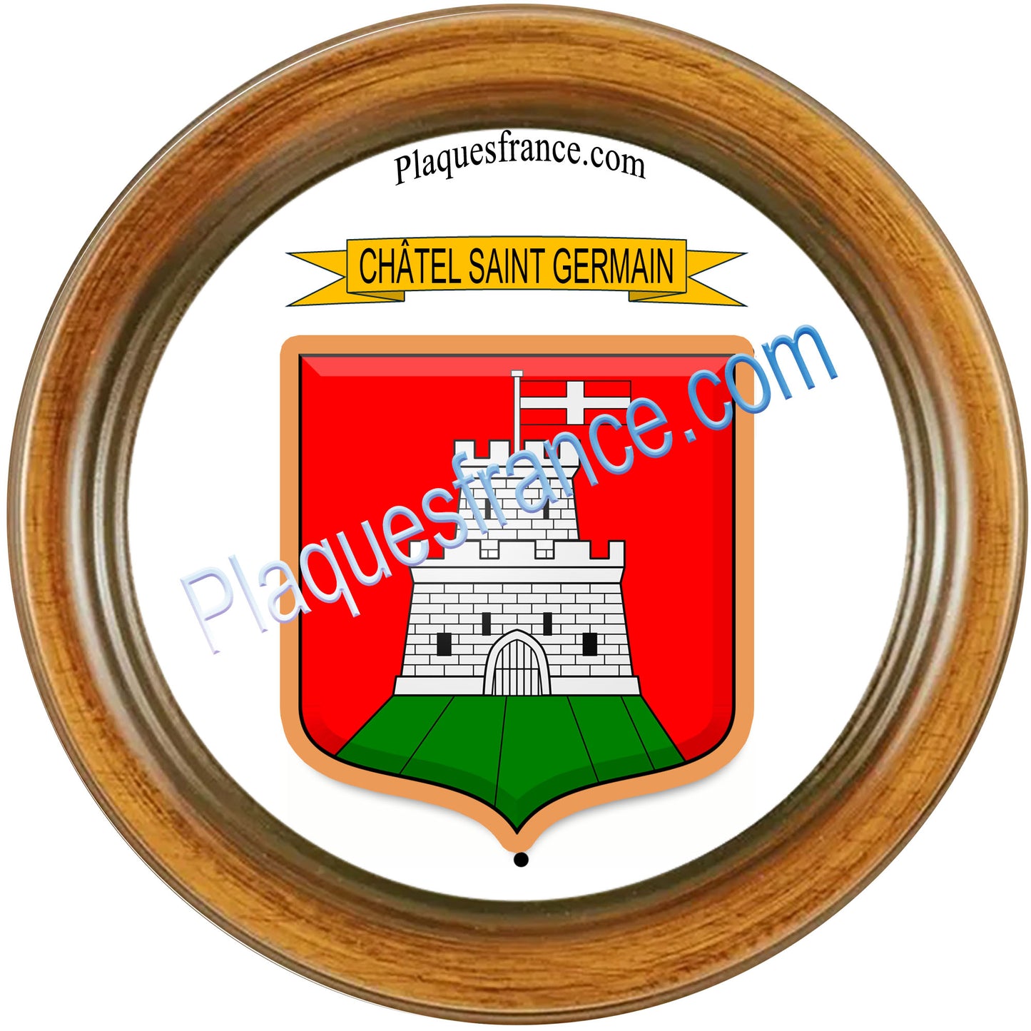 Plaque métal décorative cadre bois rond Ø 30cm blason Châtel-Saint-Germain, canton Les Coteaux de Moselle 57
