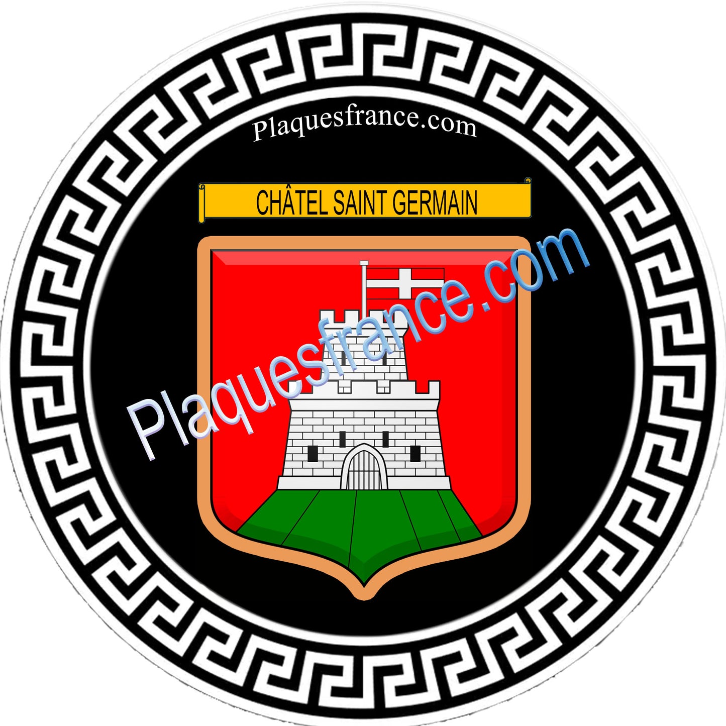 Plaque métal décorative fond noir rond Ø 30cm blason Châtel-Saint-Germain, canton Les Coteaux de Moselle 57