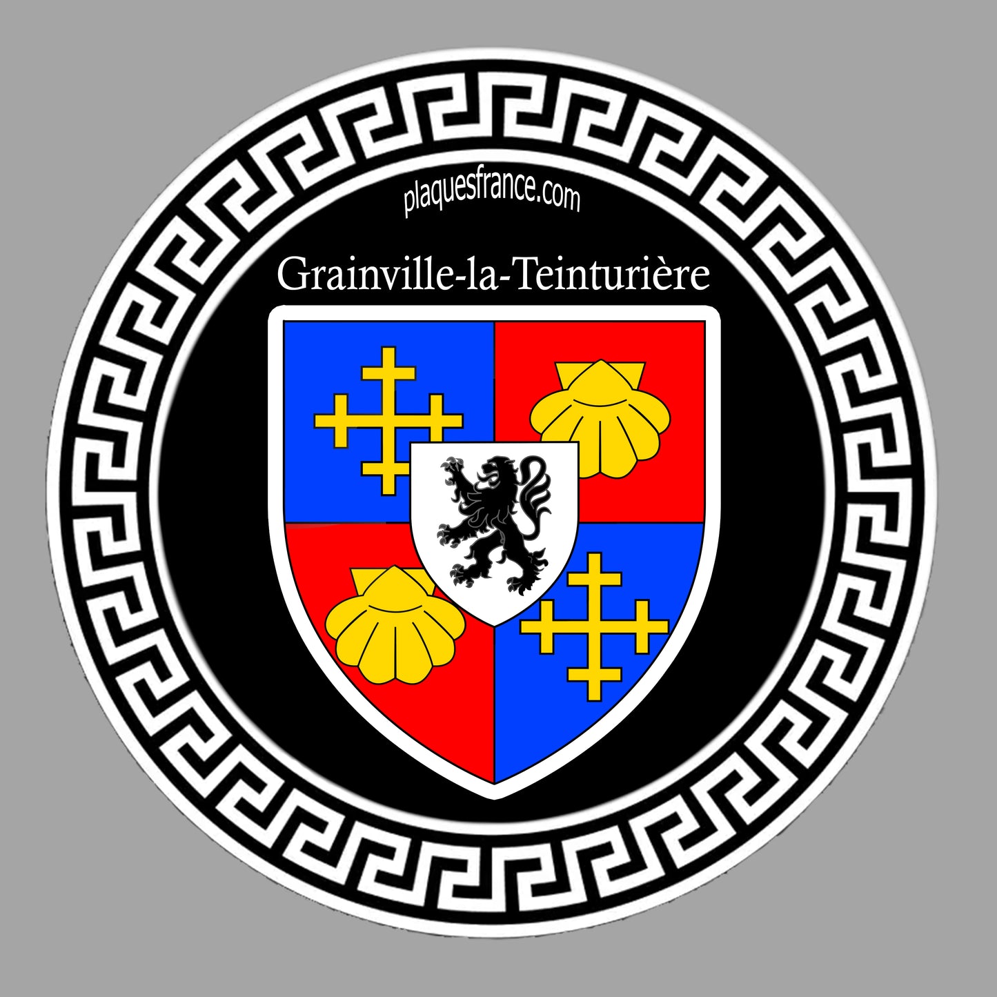 Plaque métal décorative ronde noire Ø 30 cm blason Grainville-la-Teinturière, Seine Maritime (76)